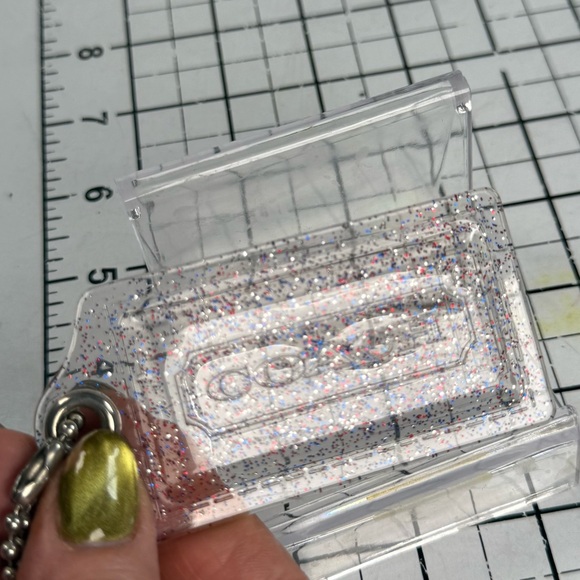 Coach large Clear pink multi color Glitter hang tag with Chain. 3 by 1.5 inches - Picture 2 of 3